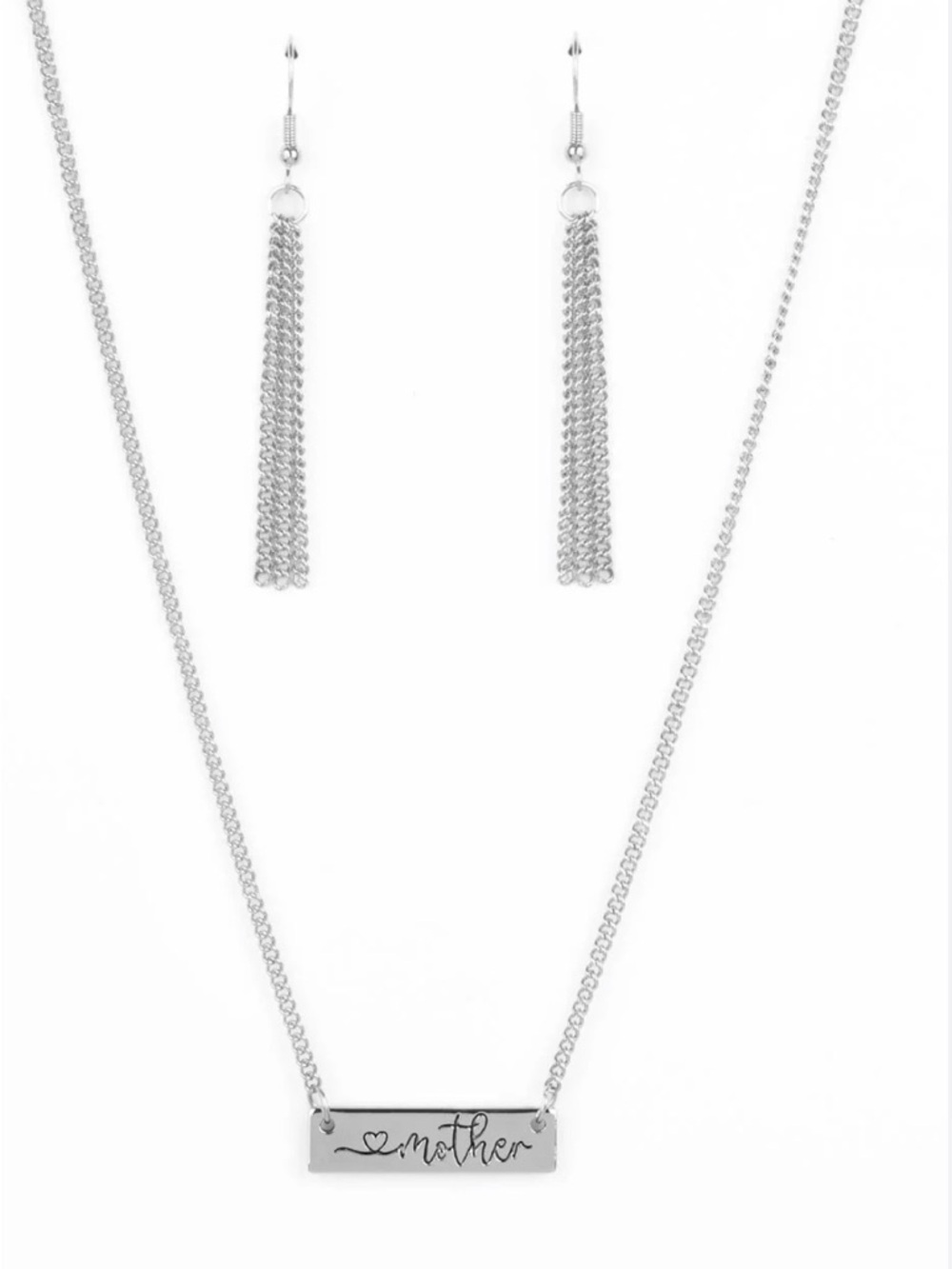 Mother Script Bar Necklace and Tassel Earrings Set - Silver